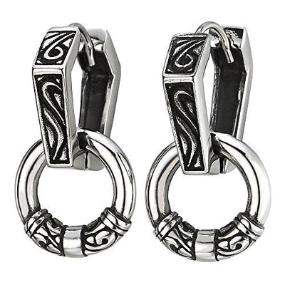 Pair Stainless Steel Hexagon Circle Huggie Hinged Hoop Earrings for Men Women, Vintage Tribal - coolsteelandbeyond