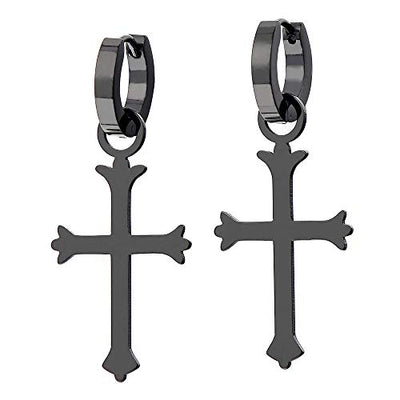Pair Stainless Steel Huggie Hinged Hoop Earrings with Cross for Men Women - coolsteelandbeyond