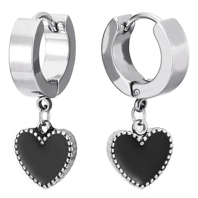 Pair Stainless Steel Huggie Hinged Hoop Earrings with Dangling Black Enamel Heart for Women - COOLSTEELANDBEYOND Jewelry