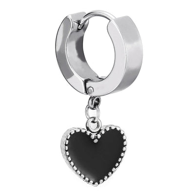 Pair Stainless Steel Huggie Hinged Hoop Earrings with Dangling Black Enamel Heart for Women - COOLSTEELANDBEYOND Jewelry