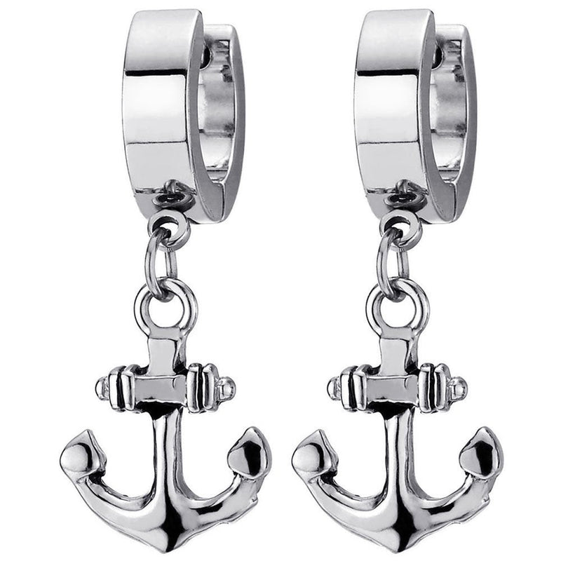 Pair Stainless Steel Huggie Hinged Hoop Earrings with Dangling Marine Anchor for Men Women - COOLSTEELANDBEYOND Jewelry