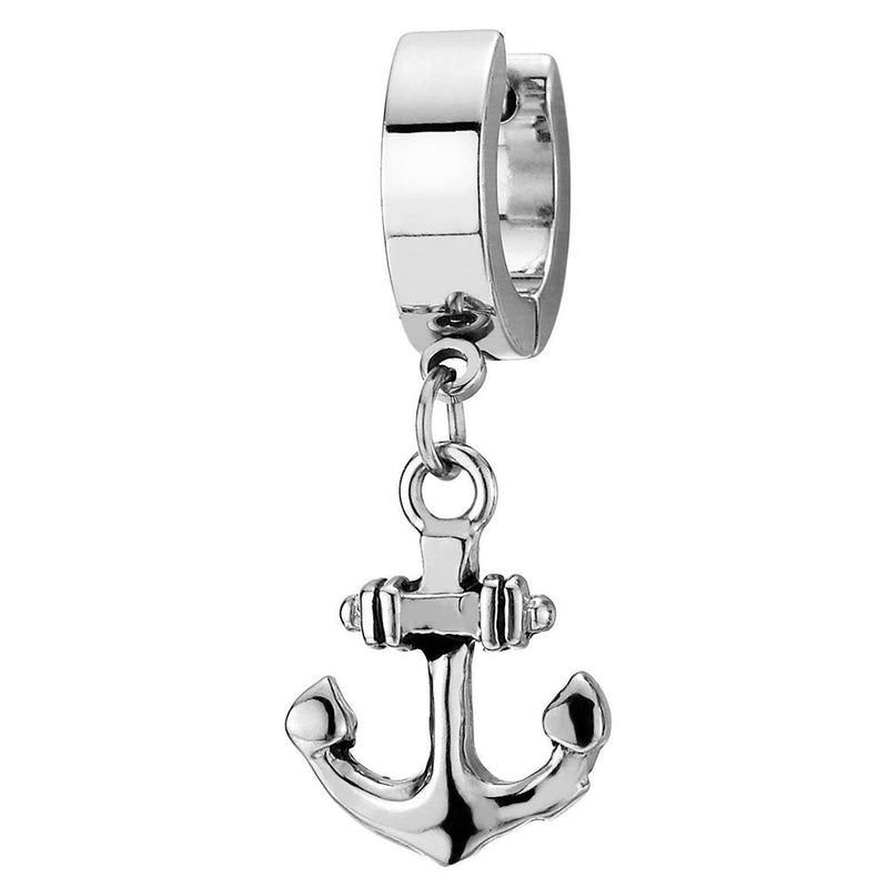 Pair Stainless Steel Huggie Hinged Hoop Earrings with Dangling Marine Anchor for Men Women - COOLSTEELANDBEYOND Jewelry