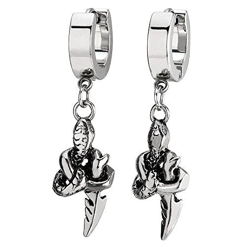 Pair Stainless Steel Huggie Hinged Hoop Earrings with Dangling Snake for Men Women - coolsteelandbeyond