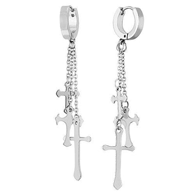 Pair Stainless Steel Huggie Hinged Hoop Earrings with Long Chains Dangle Cross for Men Women - coolsteelandbeyond