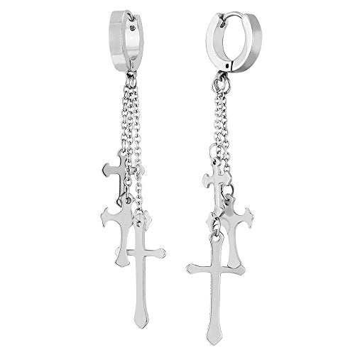 Pair Stainless Steel Huggie Hinged Hoop Earrings with Long Chains Dangle Cross for Men Women - coolsteelandbeyond