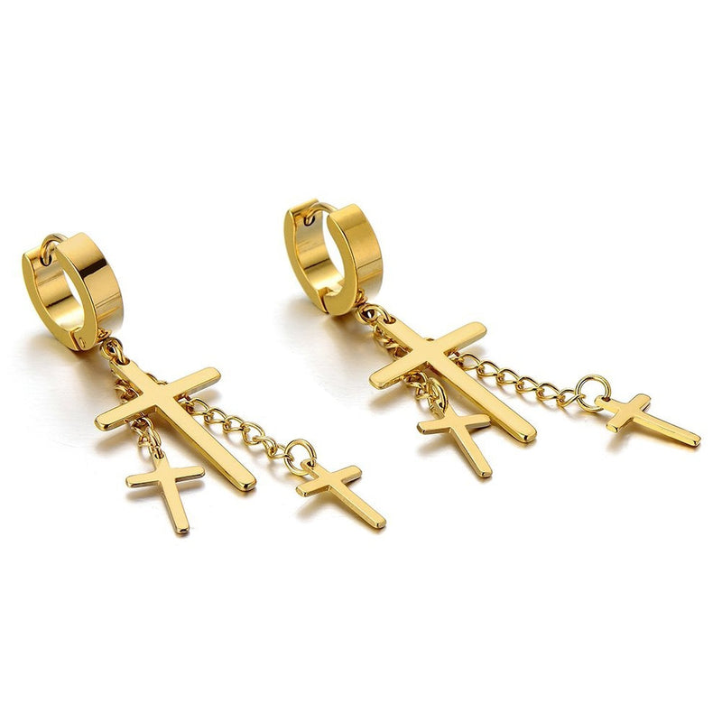 Pair Stainless Steel Huggie Hinged Hoop Earrings with Long Dangle Cross for Men Women - COOLSTEELANDBEYOND Jewelry