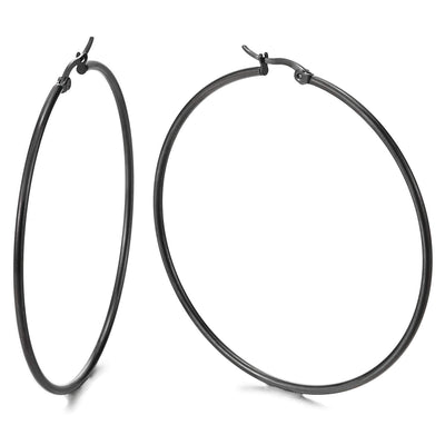 Pair Stainless Steel Large Black Plain Circle Huggie Hinged Hoop Earrings for Women - COOLSTEELANDBEYOND Jewelry
