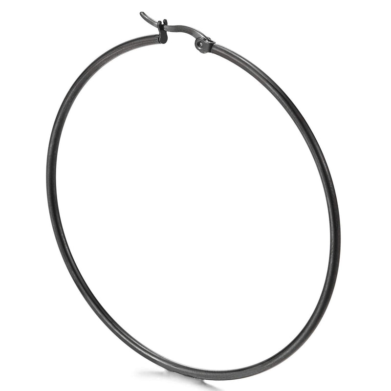 Pair Stainless Steel Large Black Plain Circle Huggie Hinged Hoop Earrings for Women - COOLSTEELANDBEYOND Jewelry