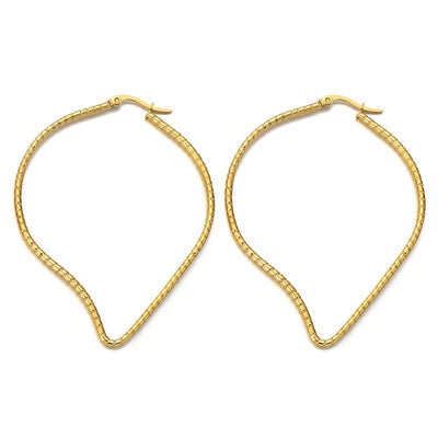 Pair Stainless Steel Large Textured Leaf Huggie Hinged Hoop Earrings for Women Girls Gold Color - COOLSTEELANDBEYOND Jewelry