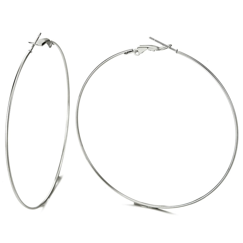 Pair Stainless Steel Large Thin Plain Circle Huggie Hinged Hoop Earrings for Women Silver Color - COOLSTEELANDBEYOND Jewelry