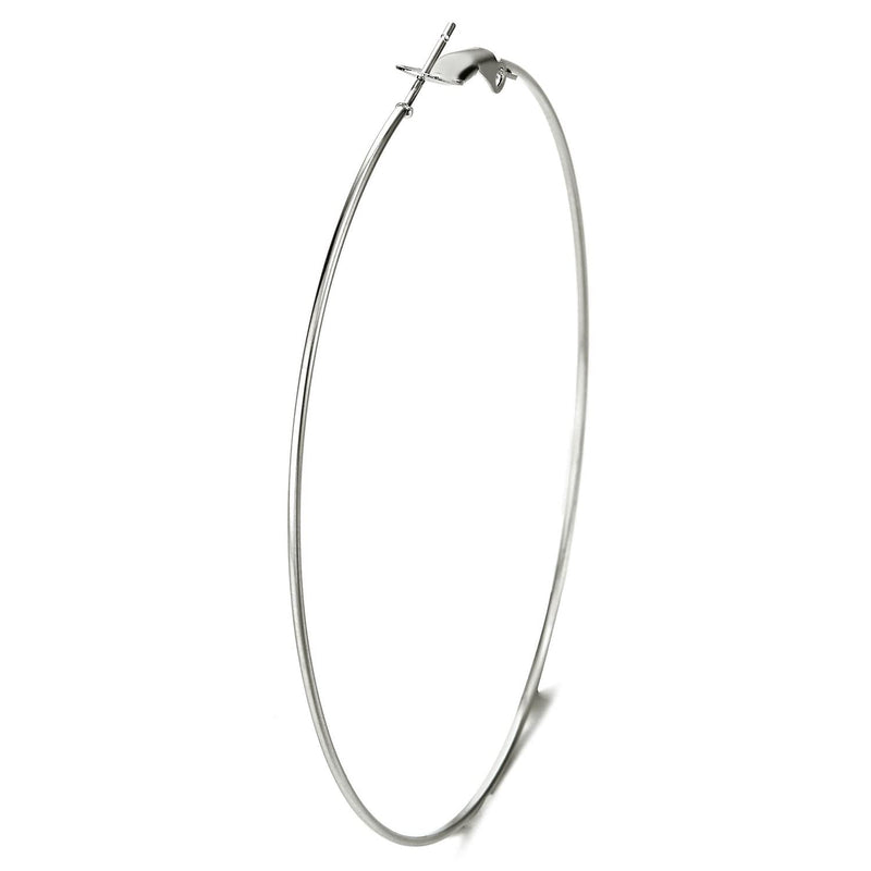 Pair Stainless Steel Large Thin Plain Circle Huggie Hinged Hoop Earrings for Women Silver Color - COOLSTEELANDBEYOND Jewelry