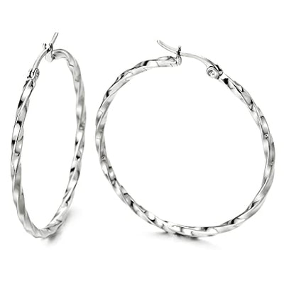 Pair Stainless Steel Large Twisted Circle Huggie Hinged Hoop Earrings for Women Girls - COOLSTEELANDBEYOND Jewelry
