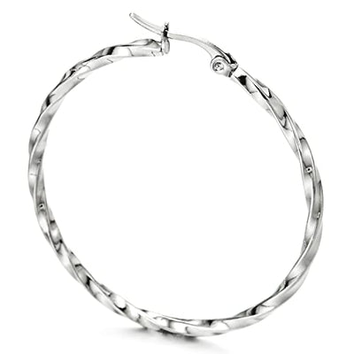 Pair Stainless Steel Large Twisted Circle Huggie Hinged Hoop Earrings for Women Girls - COOLSTEELANDBEYOND Jewelry