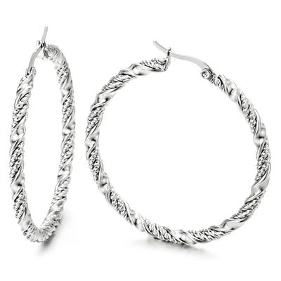 Pair Stainless Steel Large Twisted Circle Huggie Hinged Hoop Earrings for Women, Party - COOLSTEELANDBEYOND Jewelry