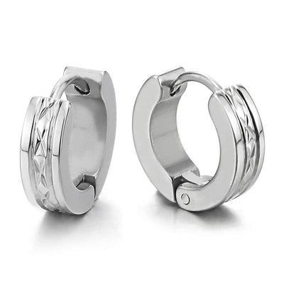 Pair Stainless Steel Mens Womens Huggie Hinged Hoop Earrings with Laser Grooved Grid - COOLSTEELANDBEYOND Jewelry