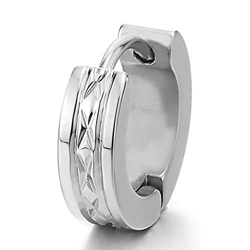 Pair Stainless Steel Mens Womens Huggie Hinged Hoop Earrings with Laser Grooved Grid - COOLSTEELANDBEYOND Jewelry