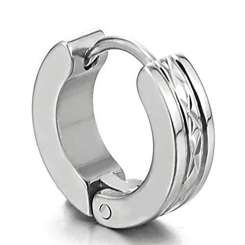 Pair Stainless Steel Mens Womens Huggie Hinged Hoop Earrings with Laser Grooved Grid - COOLSTEELANDBEYOND Jewelry