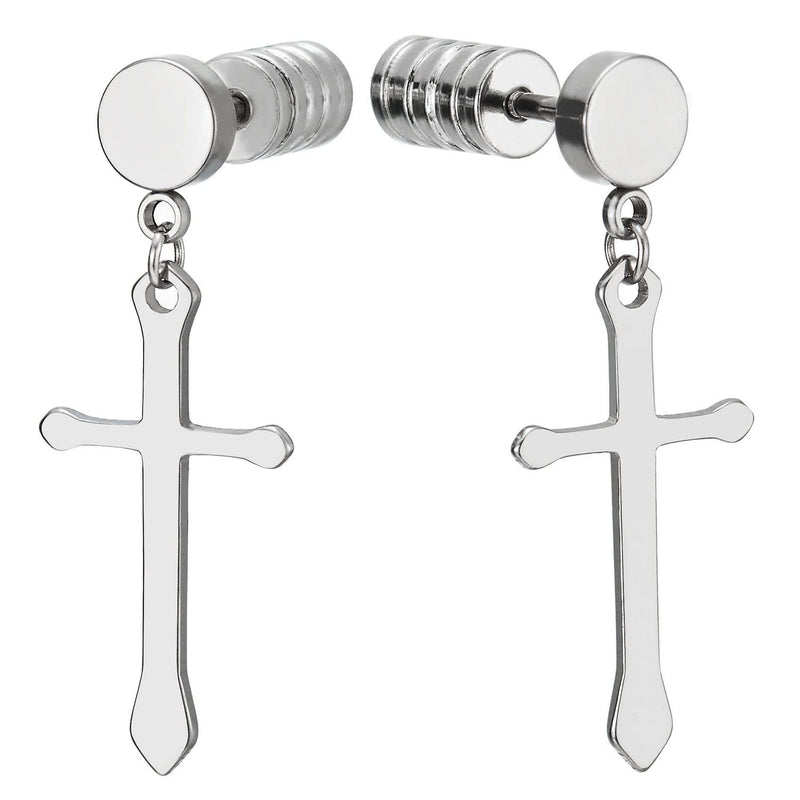 Pair Stainless Steel Mens Womens Stud Earrings with Dangling Cross, Spiked Screw Back - COOLSTEELANDBEYOND Jewelry