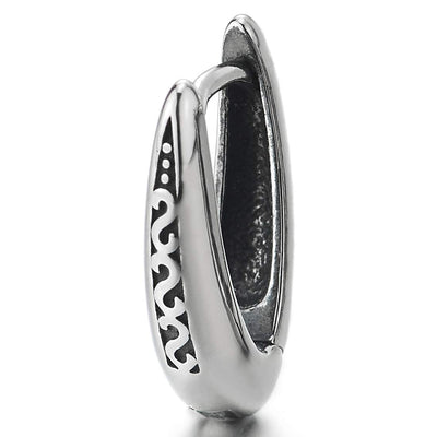 Pair Stainless Steel Mens Womens V-shape Huggie Hinged Hoop Earrings with Tribal Tattoo Pattern - COOLSTEELANDBEYOND Jewelry