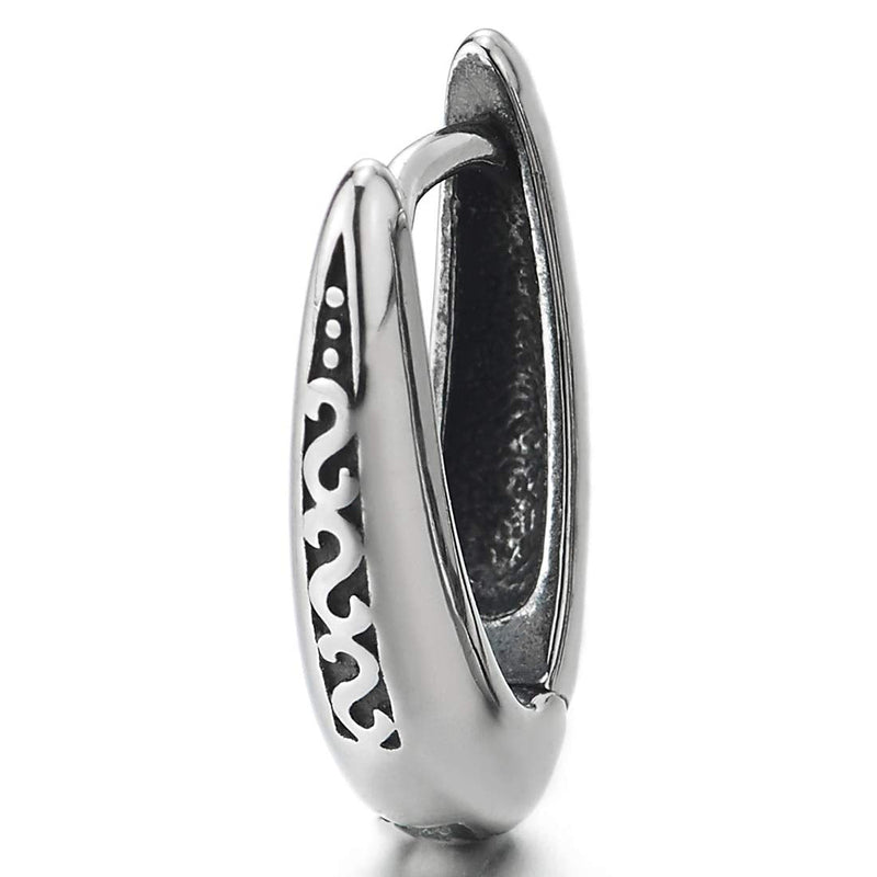 Pair Stainless Steel Mens Womens V-shape Huggie Hinged Hoop Earrings with Tribal Tattoo Pattern - COOLSTEELANDBEYOND Jewelry