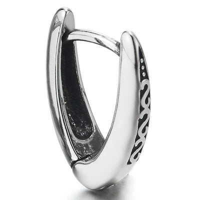 Pair Stainless Steel Mens Womens V-shape Huggie Hinged Hoop Earrings with Tribal Tattoo Pattern - COOLSTEELANDBEYOND Jewelry