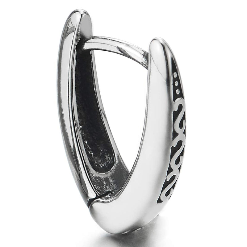 Pair Stainless Steel Mens Womens V-shape Huggie Hinged Hoop Earrings with Tribal Tattoo Pattern - COOLSTEELANDBEYOND Jewelry