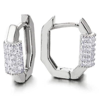 Pair Stainless Steel Octagon Huggie Hinged Hoop Earrings with Cubic Zirconia, Unisex Men Women - COOLSTEELANDBEYOND Jewelry