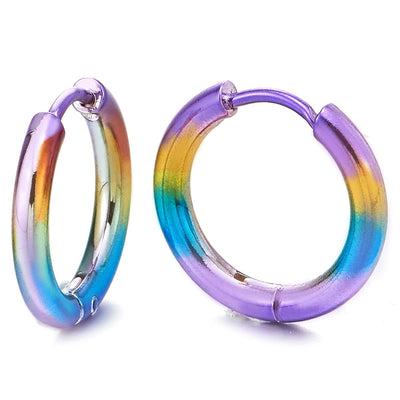 Pair Stainless Steel Oxidized Rainbow Plain Circle Huggie Hinged Hoop Earrings for Men Women - COOLSTEELANDBEYOND Jewelry
