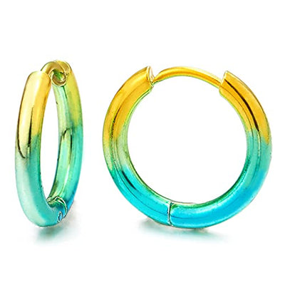 Pair Stainless Steel Oxidized Yellow Blue Plain Circle Huggie Hinged Hoop Earrings for Men Women - COOLSTEELANDBEYOND Jewelry