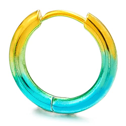 Pair Stainless Steel Oxidized Yellow Blue Plain Circle Huggie Hinged Hoop Earrings for Men Women - COOLSTEELANDBEYOND Jewelry