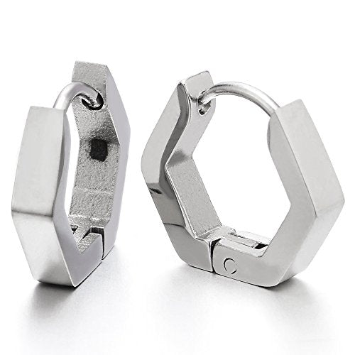 Pair Stainless Steel Plain Black Hexagon Huggie Hinged Hoop Earrings for Unisex Men Women - coolsteelandbeyond