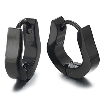 Pair Stainless Steel Plain Black U-shaped Horseshoe Huggie Hinged Hoop Earrings for Unisex Men Women - coolsteelandbeyond