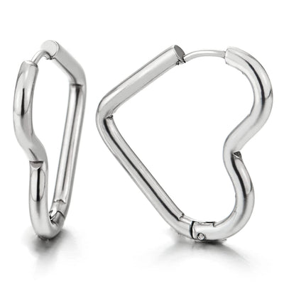 Pair Stainless Steel Plain Heart-shape Huggie Hinged Hoop Earrings for Women, Minimalist - COOLSTEELANDBEYOND Jewelry