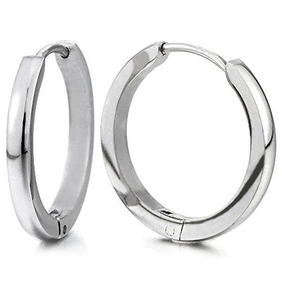 Pair Stainless Steel Plain Huggie Hinged Hoop Earrings Unisex Mens Womens - coolsteelandbeyond