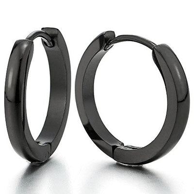 Pair Stainless Steel Plain Black Huggie Hinged Hoop Earrings Unisex Mens Womens - coolsteelandbeyond