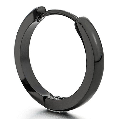 Pair Stainless Steel Plain Black Huggie Hinged Hoop Earrings Unisex Mens Womens - coolsteelandbeyond