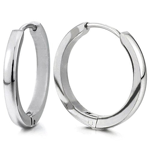 Pair Stainless Steel Plain Huggie Hinged Hoop Earrings Unisex Mens Womens - coolsteelandbeyond