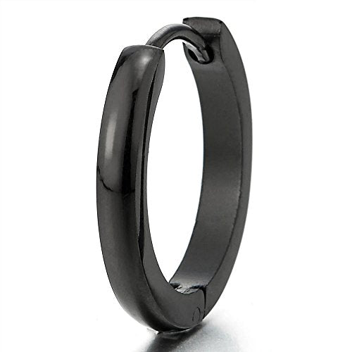 Pair Stainless Steel Plain Black Huggie Hinged Hoop Earrings Unisex Mens Womens - coolsteelandbeyond