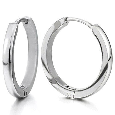 Pair Stainless Steel Plain Huggie Hinged Hoop Earrings Unisex Mens Womens - coolsteelandbeyond