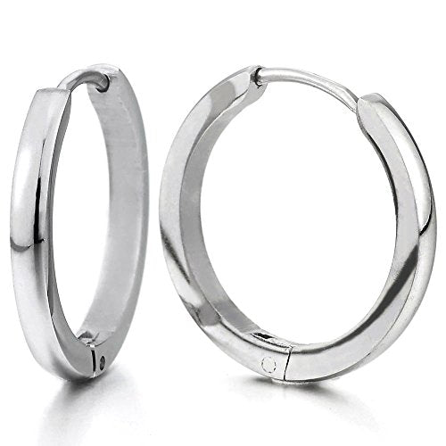 Pair Stainless Steel Plain Huggie Hinged Hoop Earrings Unisex Mens Womens - coolsteelandbeyond