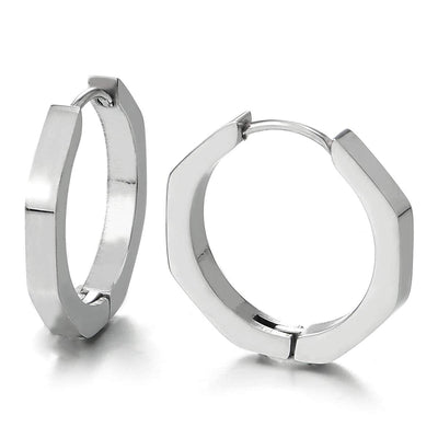Pair Stainless Steel Plain Octagon Huggie Hinged Hoop Earrings for Unisex Men Women, Polished - COOLSTEELANDBEYOND Jewelry