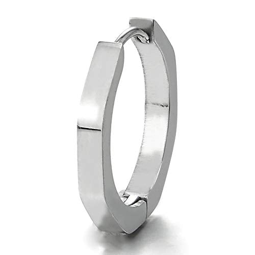 Pair Stainless Steel Plain Octagon Huggie Hinged Hoop Earrings for Unisex Men Women, Polished - COOLSTEELANDBEYOND Jewelry