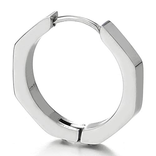 Pair Stainless Steel Plain Octagon Huggie Hinged Hoop Earrings for Unisex Men Women, Polished - COOLSTEELANDBEYOND Jewelry