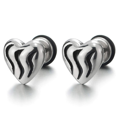 Pair Stainless Steel Puff Heart Stud Earrings with Black Enamel Grooved Wave, Screw Back, Lovely - COOLSTEELANDBEYOND Jewelry