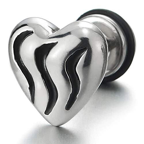 Pair Stainless Steel Puff Heart Stud Earrings with Black Enamel Grooved Wave, Screw Back, Lovely - COOLSTEELANDBEYOND Jewelry