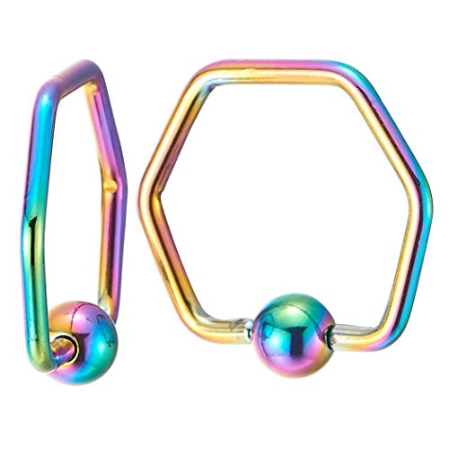 Pair Stainless Steel Rainbow Oxidized Plain Hexagon Bead Huggie Hinged Hoop Earrings for Men Women - coolsteelandbeyond