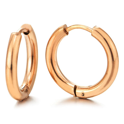 Pair Stainless Steel Rose Gold Plain Circle Huggie Hinged Hoop Earrings for Men Women - COOLSTEELANDBEYOND Jewelry