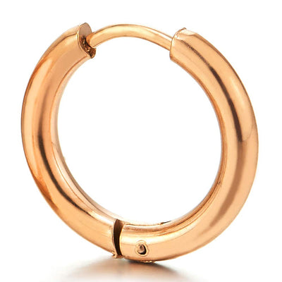 Pair Stainless Steel Rose Gold Plain Circle Huggie Hinged Hoop Earrings for Men Women - COOLSTEELANDBEYOND Jewelry