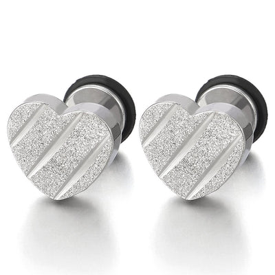 Pair Stainless Steel Satin Heart Stud Earrings with Grooved Stripes, Screw Back - COOLSTEELANDBEYOND Jewelry