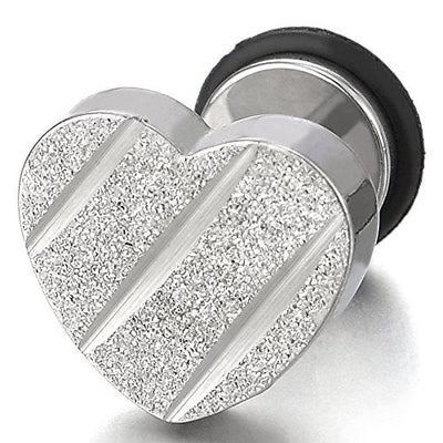 Pair Stainless Steel Satin Heart Stud Earrings with Grooved Stripes, Screw Back - COOLSTEELANDBEYOND Jewelry